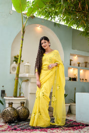 Amber Aura (Handpainted Viscose Silk Organza Saree in Yellow)