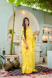 Amber Aura (Handpainted Viscose Silk Organza Saree in Yellow)