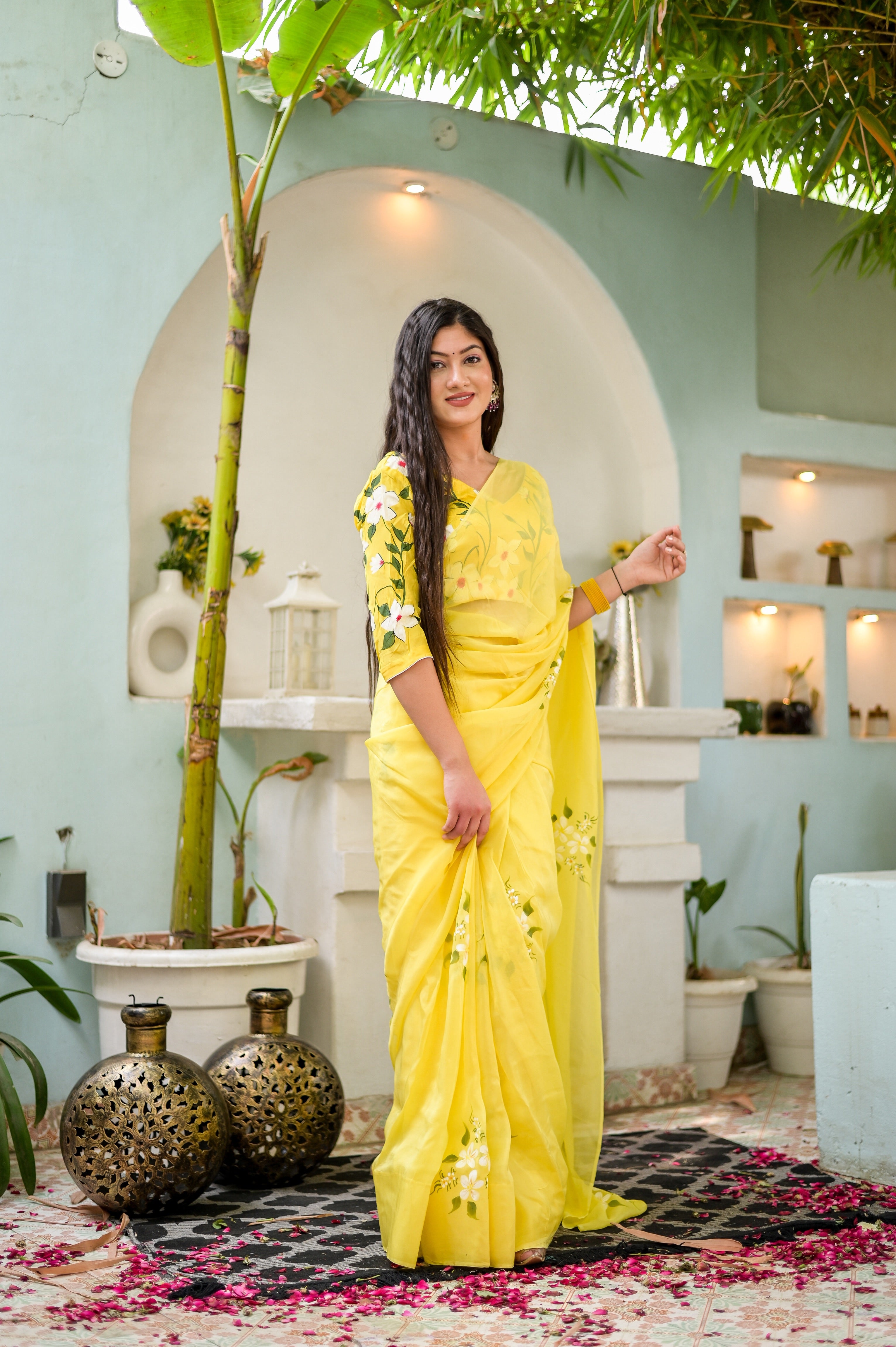 Amber Aura (Handpainted Viscose Silk Organza Saree in Yellow)
