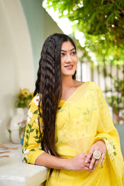 Amber Aura (Handpainted Viscose Silk Organza Saree in Yellow)