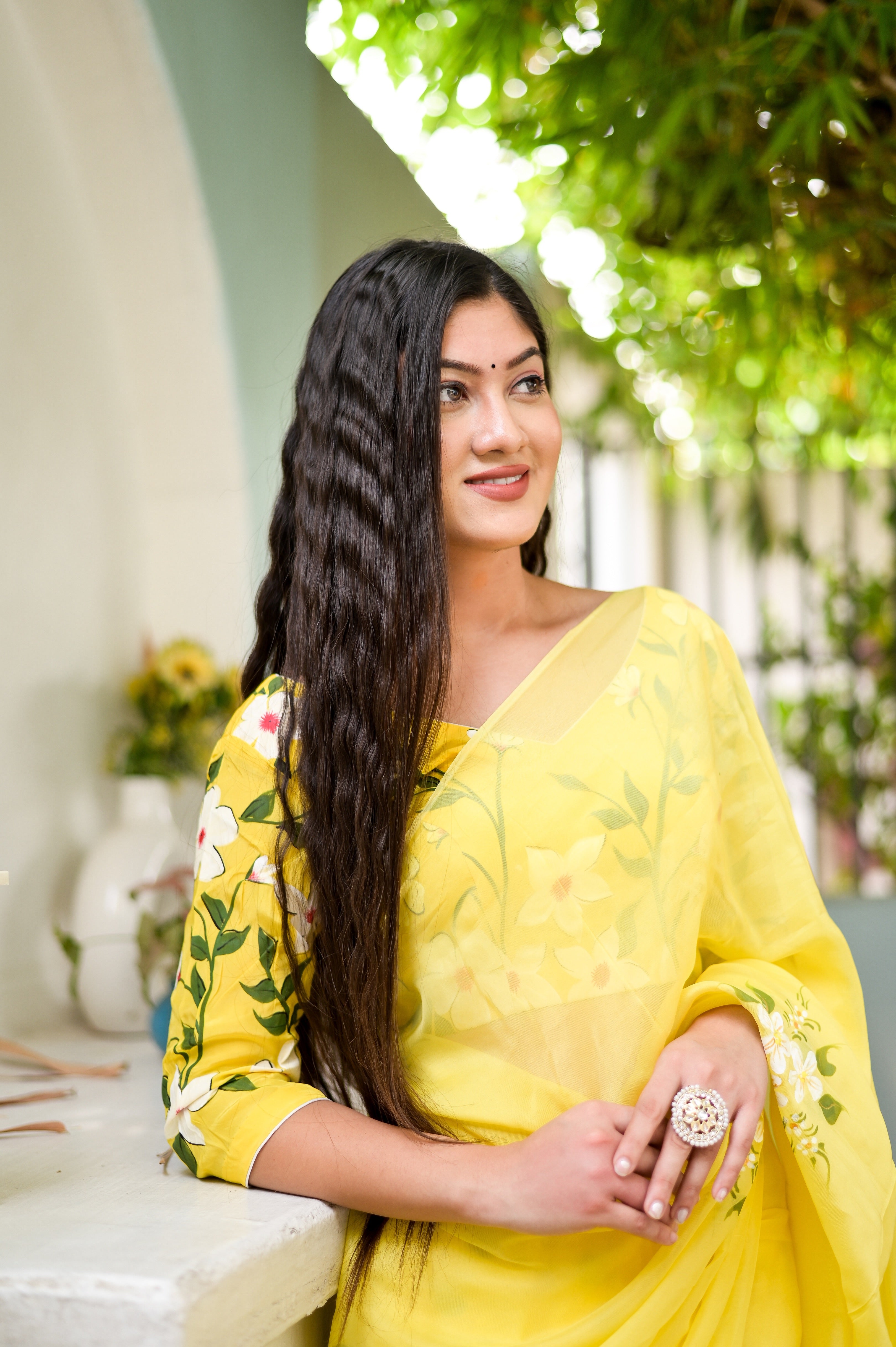 Amber Aura (Handpainted Viscose Silk Organza Saree in Yellow)