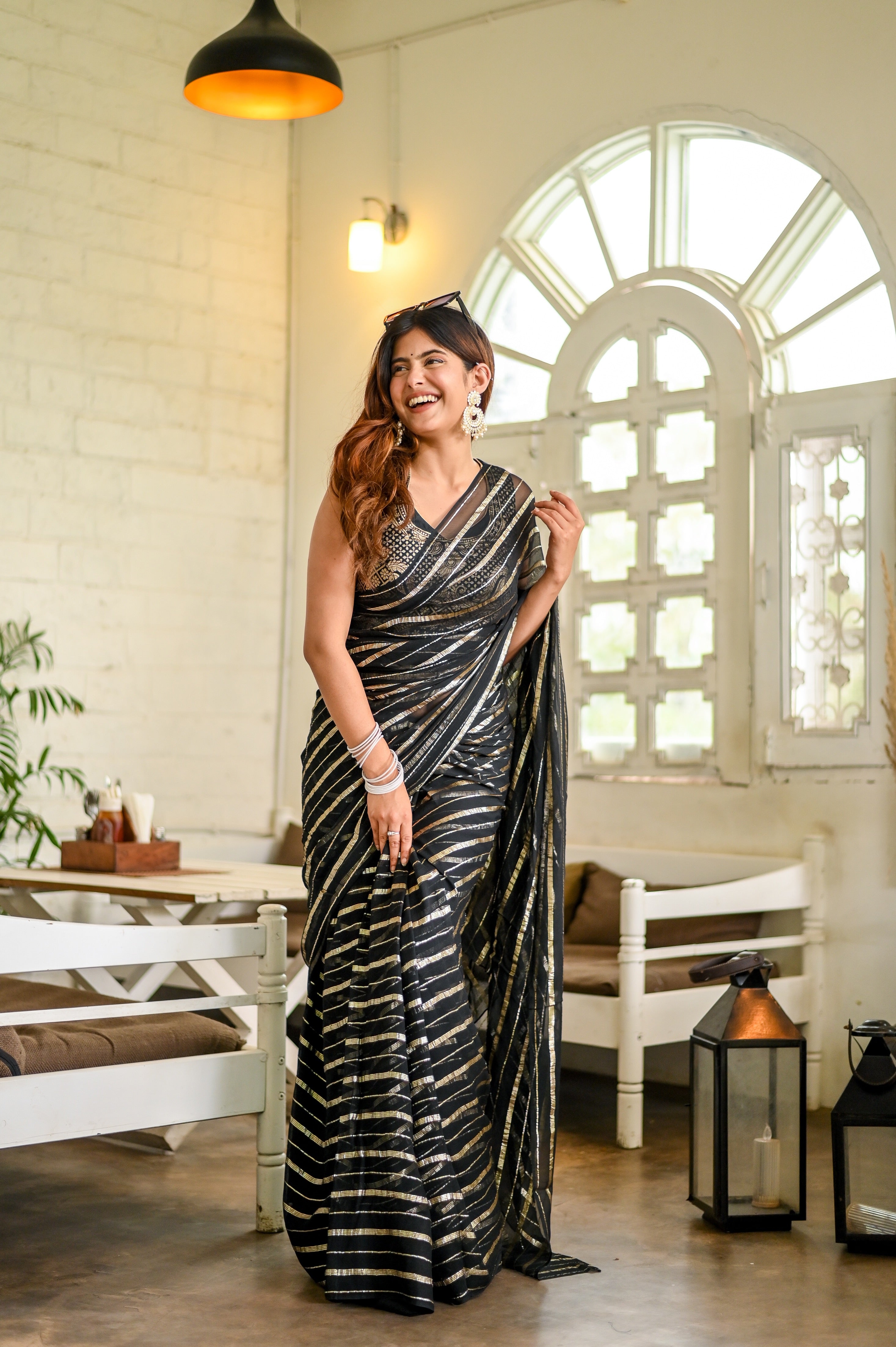 Midnight Magic (Pure Georgette Zari Striped Saree)