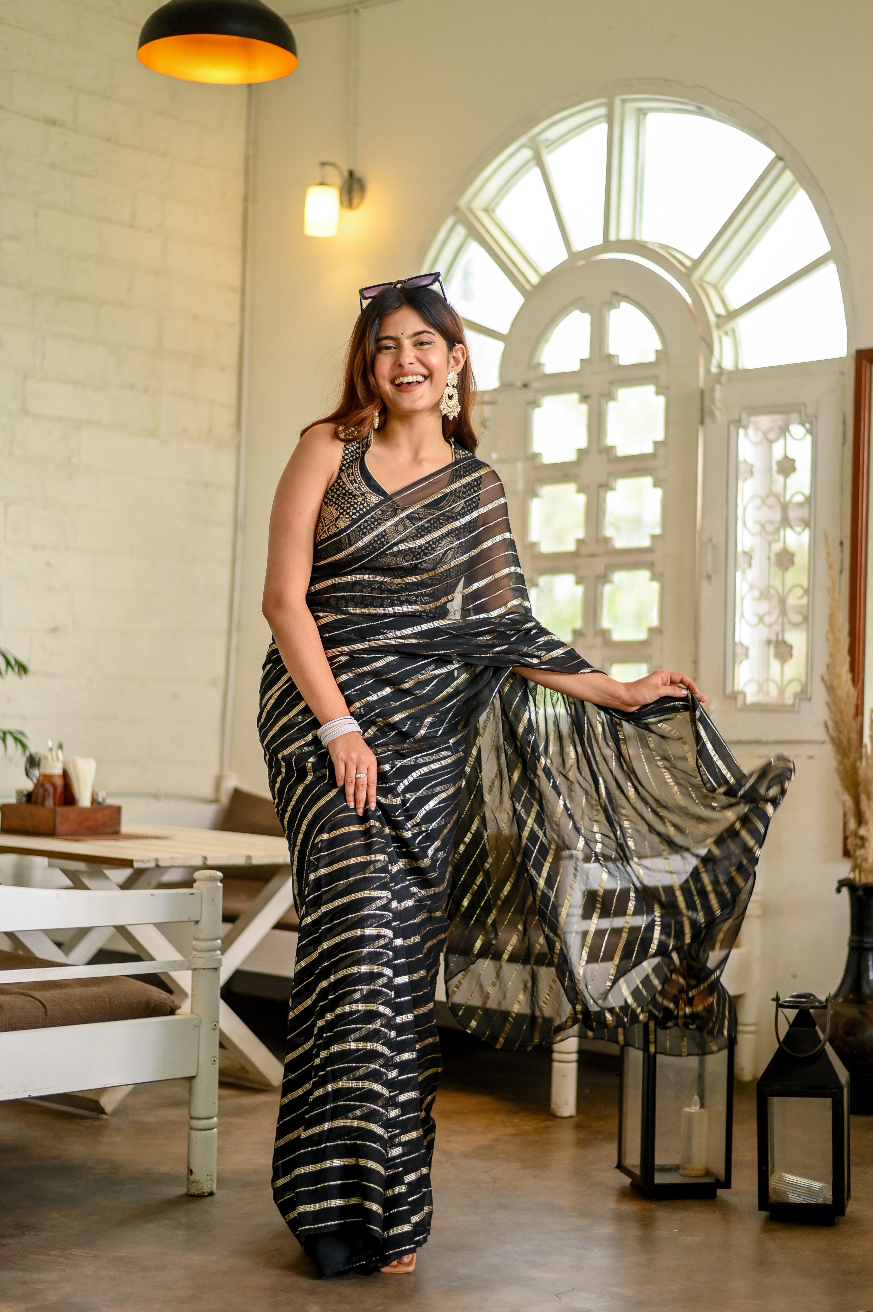 Midnight Magic (Pure Georgette Zari Striped Saree)