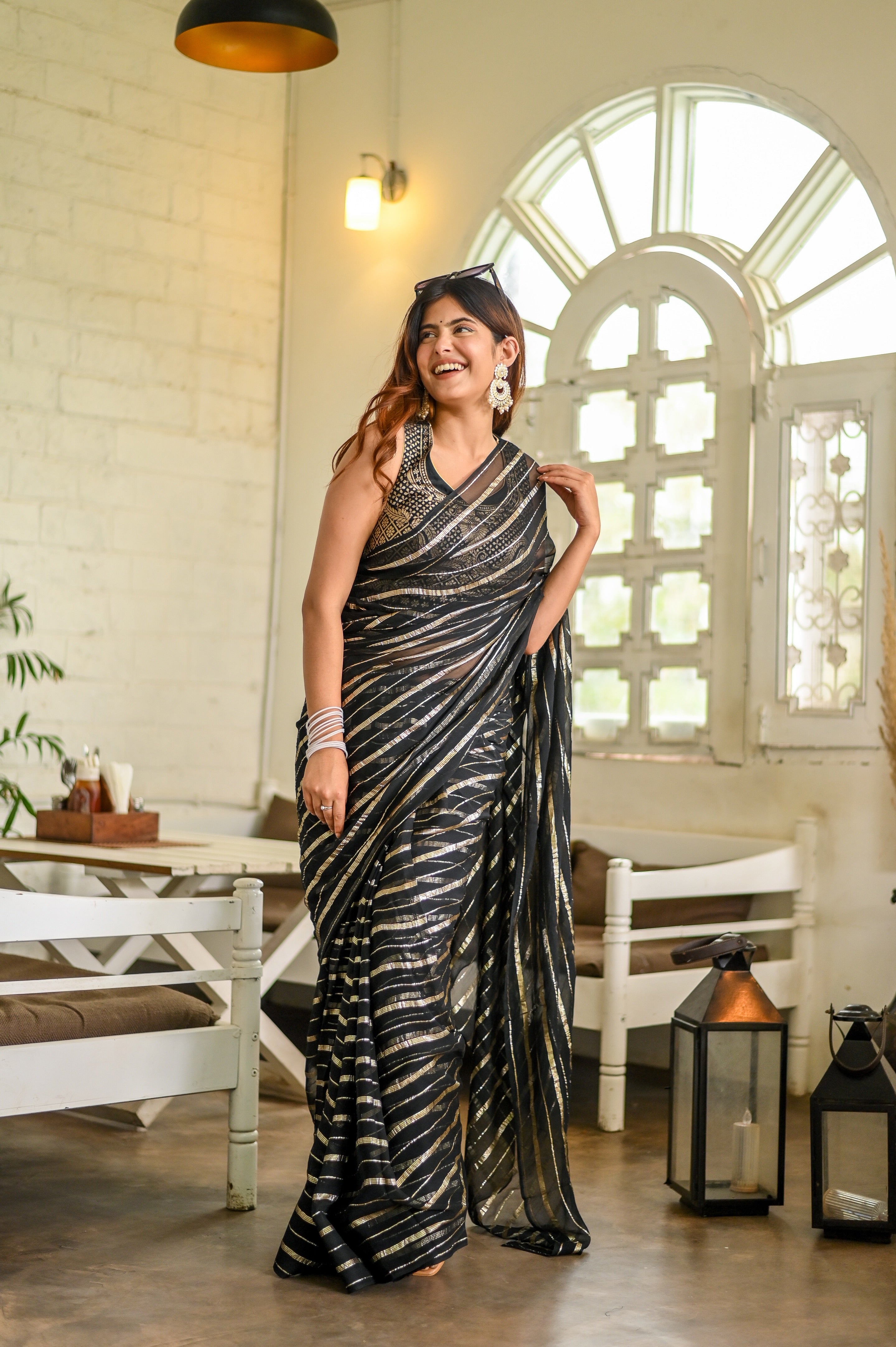 Midnight Magic (Pure Georgette Zari Striped Saree)