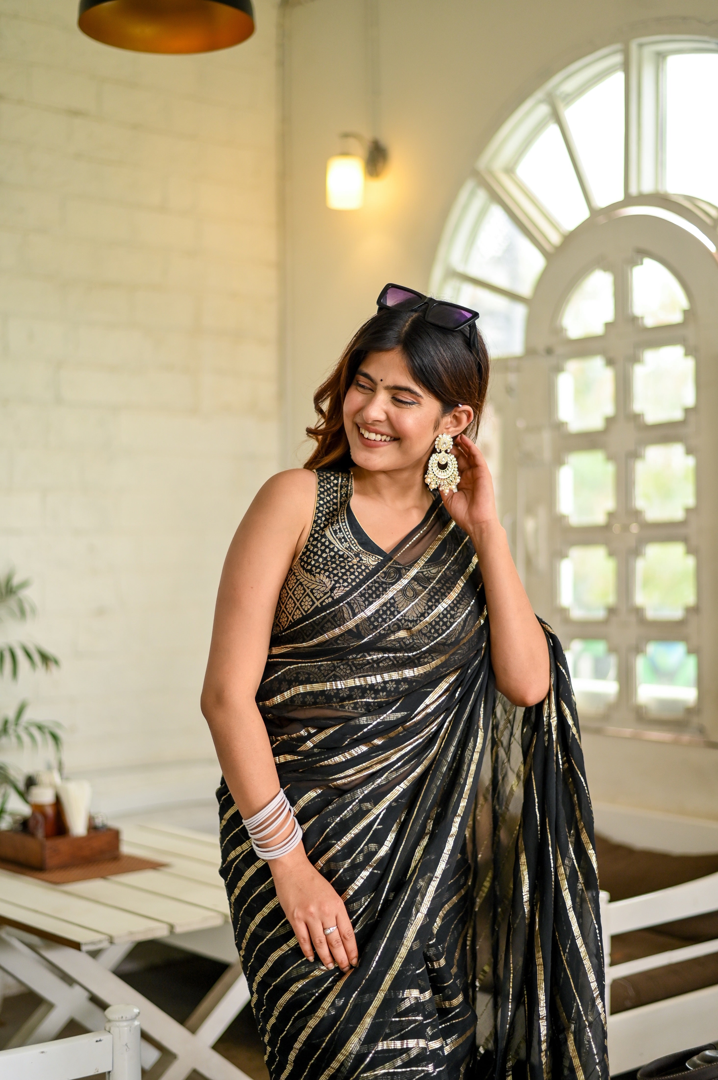 Midnight Magic (Pure Georgette Zari Striped Saree)