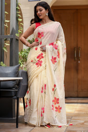 Petal Whisper (Handpainted Ivory Creme Malmal Saree)
