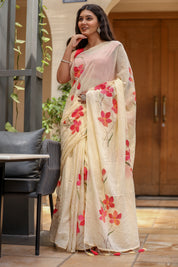 Petal Whisper (Handpainted Ivory Creme Malmal Saree)