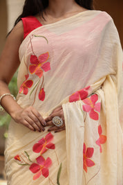 Petal Whisper (Handpainted Ivory Creme Malmal Saree)