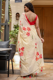 Petal Whisper (Handpainted Ivory Creme Malmal Saree)