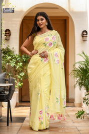 Sunlit Blossom (Handpainted Yellow Malmal Saree)