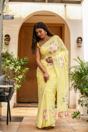 Sunlit Blossom (Handpainted Yellow Malmal Saree)