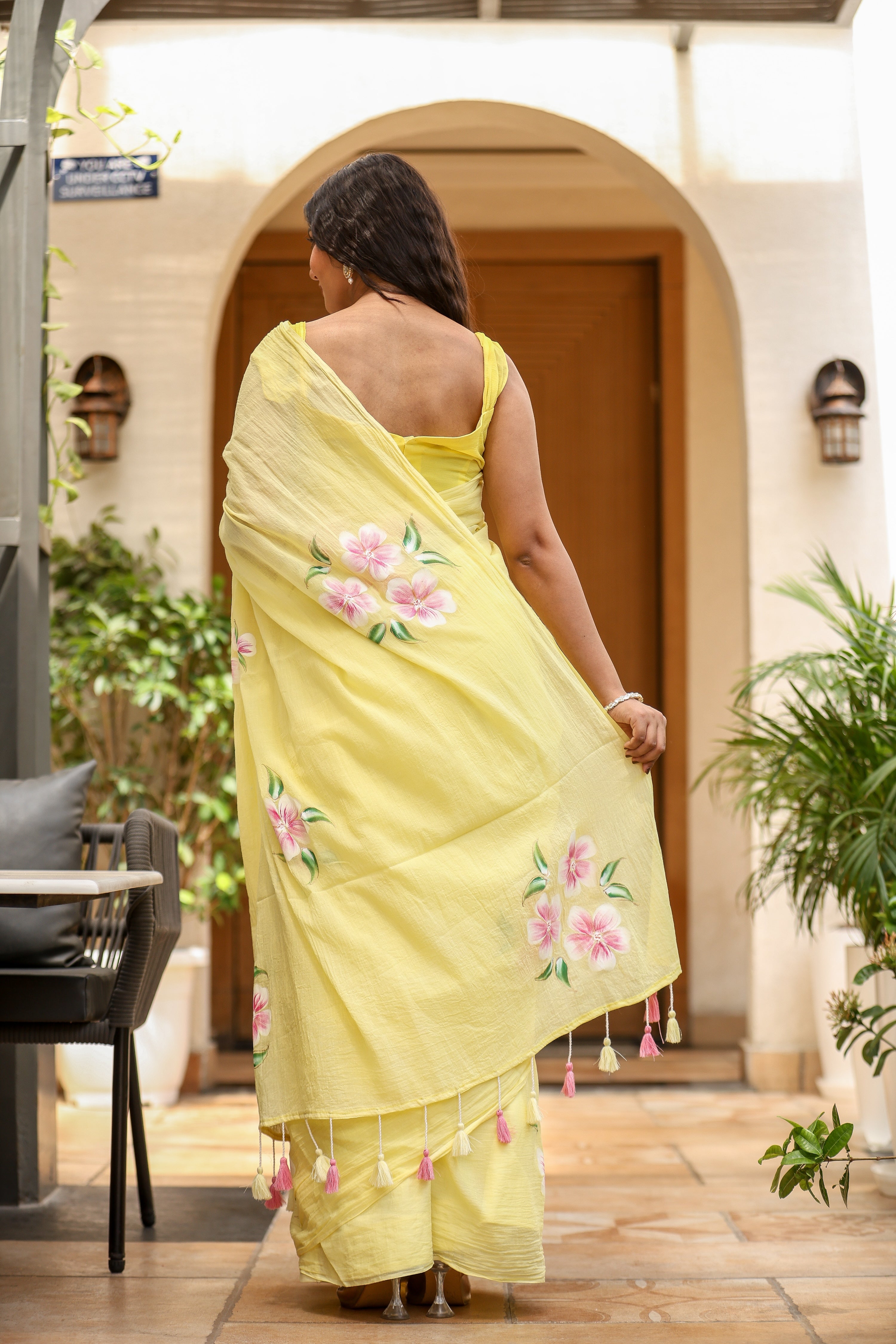 Sunlit Blossom (Handpainted Yellow Malmal Saree)