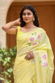 Sunlit Blossom (Handpainted Yellow Malmal Saree)