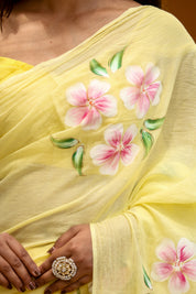 Sunlit Blossom (Handpainted Yellow Malmal Saree)