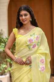 Sunlit Blossom (Handpainted Yellow Malmal Saree)
