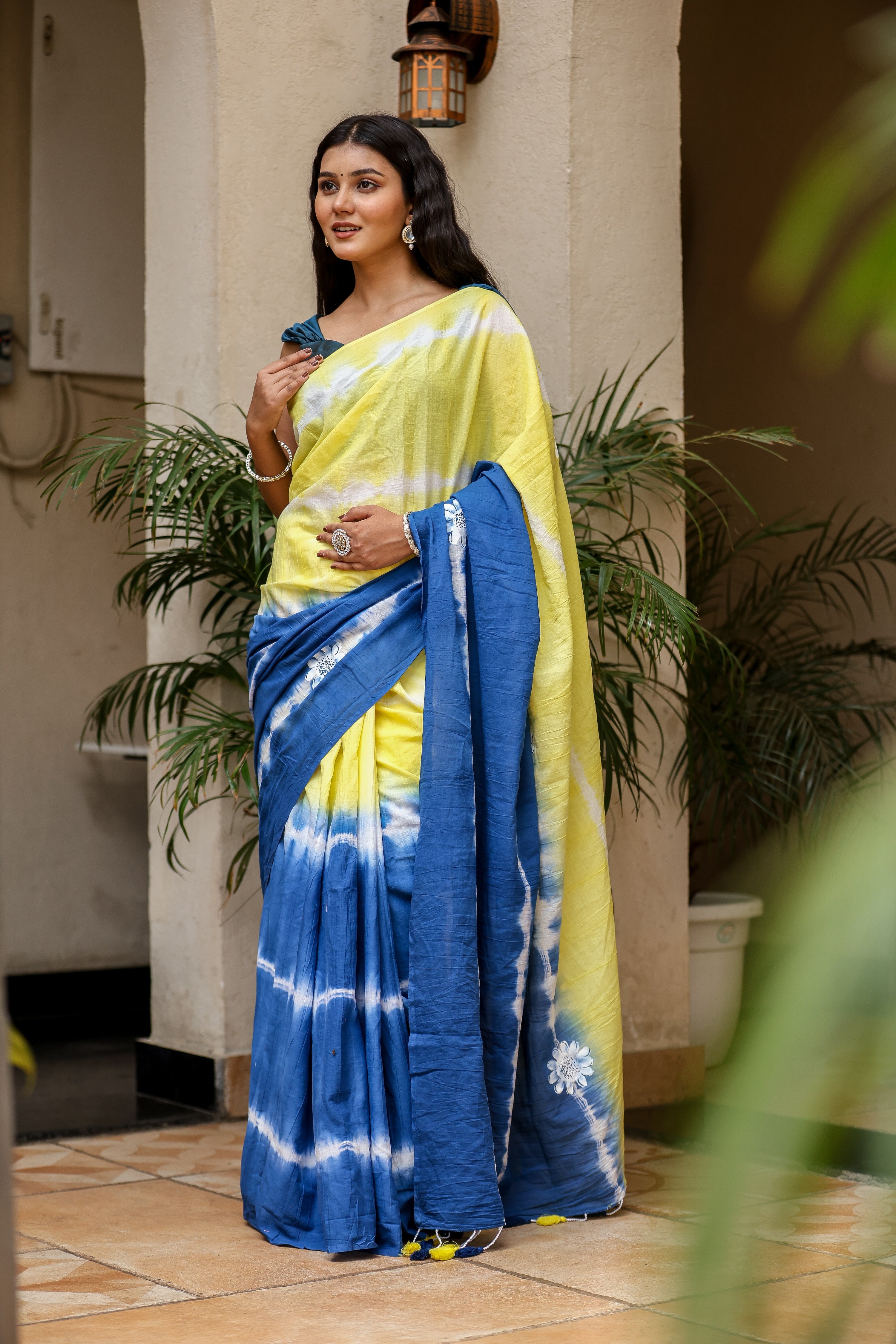 Indigo Sunrise (Handpainted Blue Yellow Malmal Saree)
