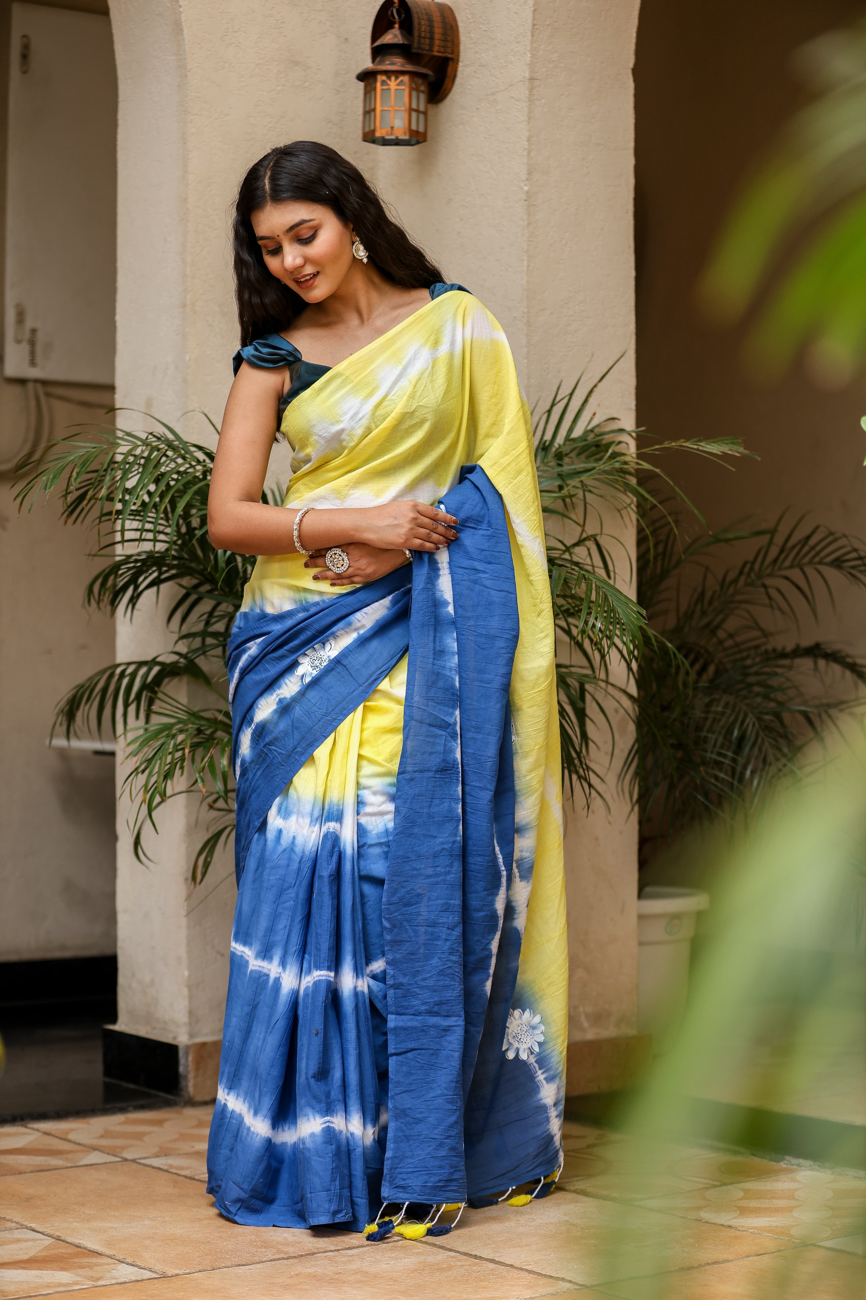 Indigo Sunrise (Handpainted Blue Yellow Malmal Saree)