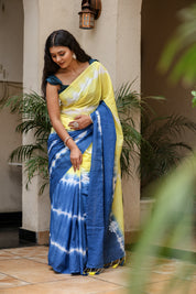 Indigo Sunrise (Handpainted Blue Yellow Malmal Saree)