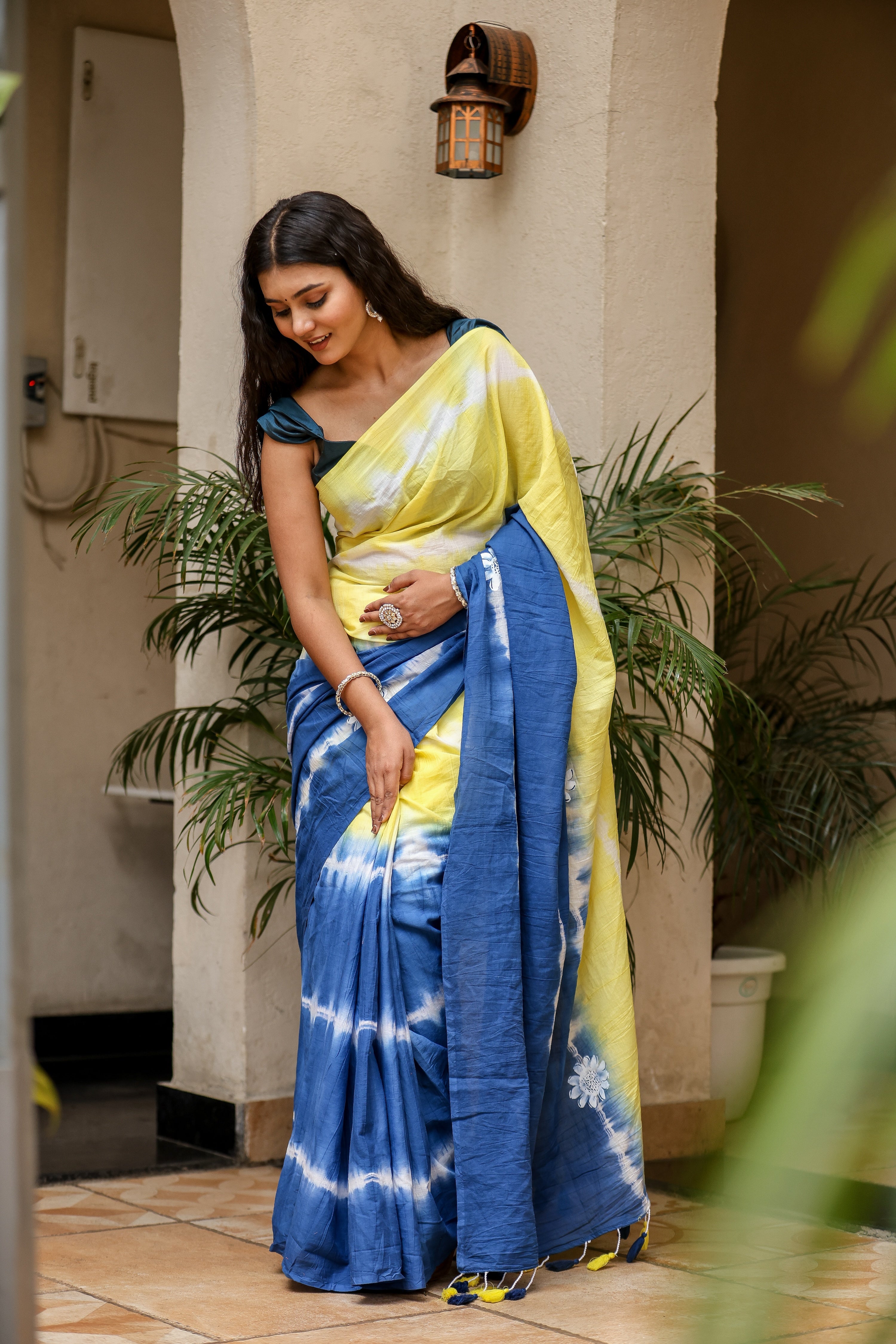 Indigo Sunrise (Handpainted Blue Yellow Malmal Saree)