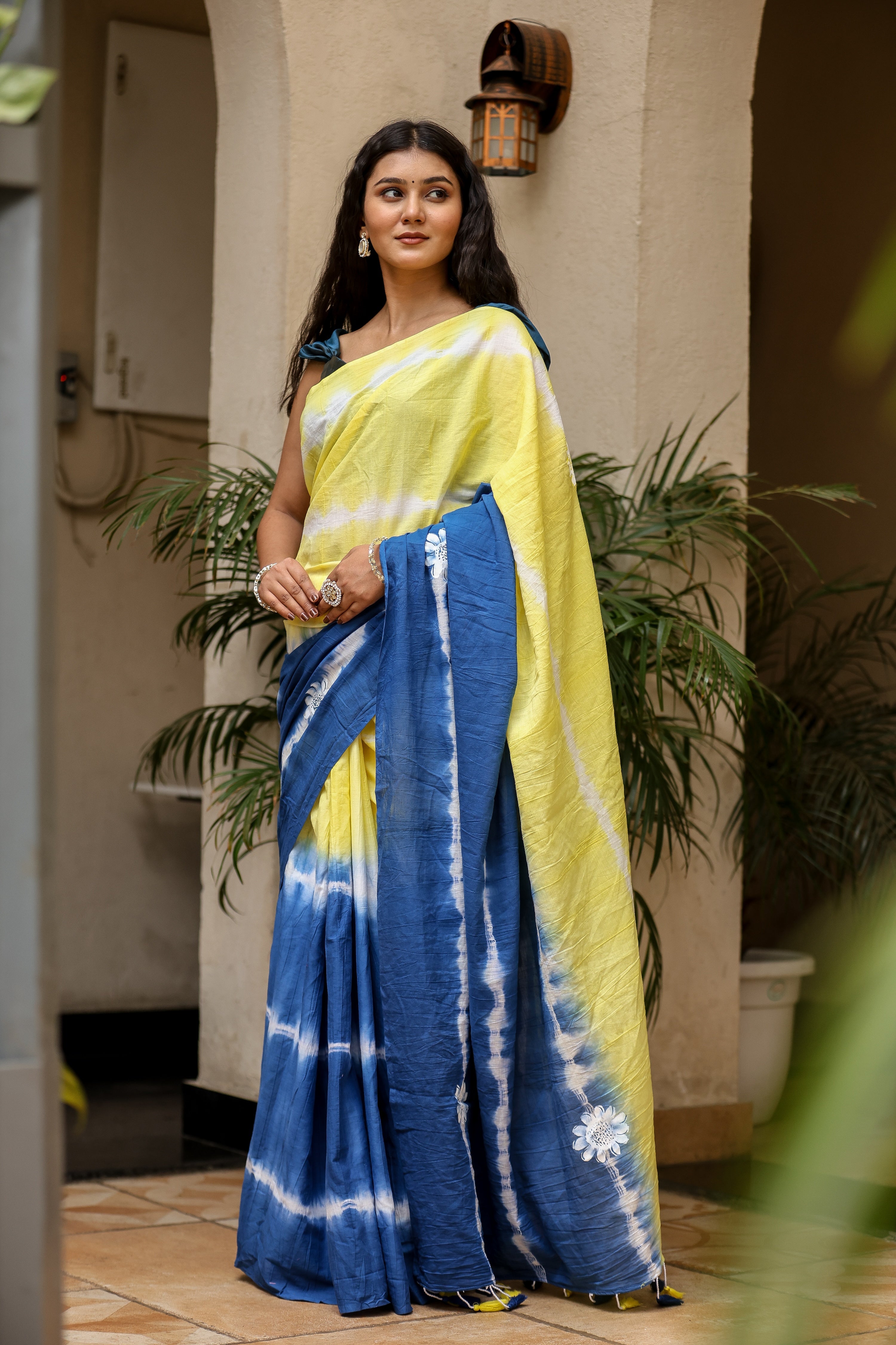 Indigo Sunrise (Handpainted Blue Yellow Malmal Saree)