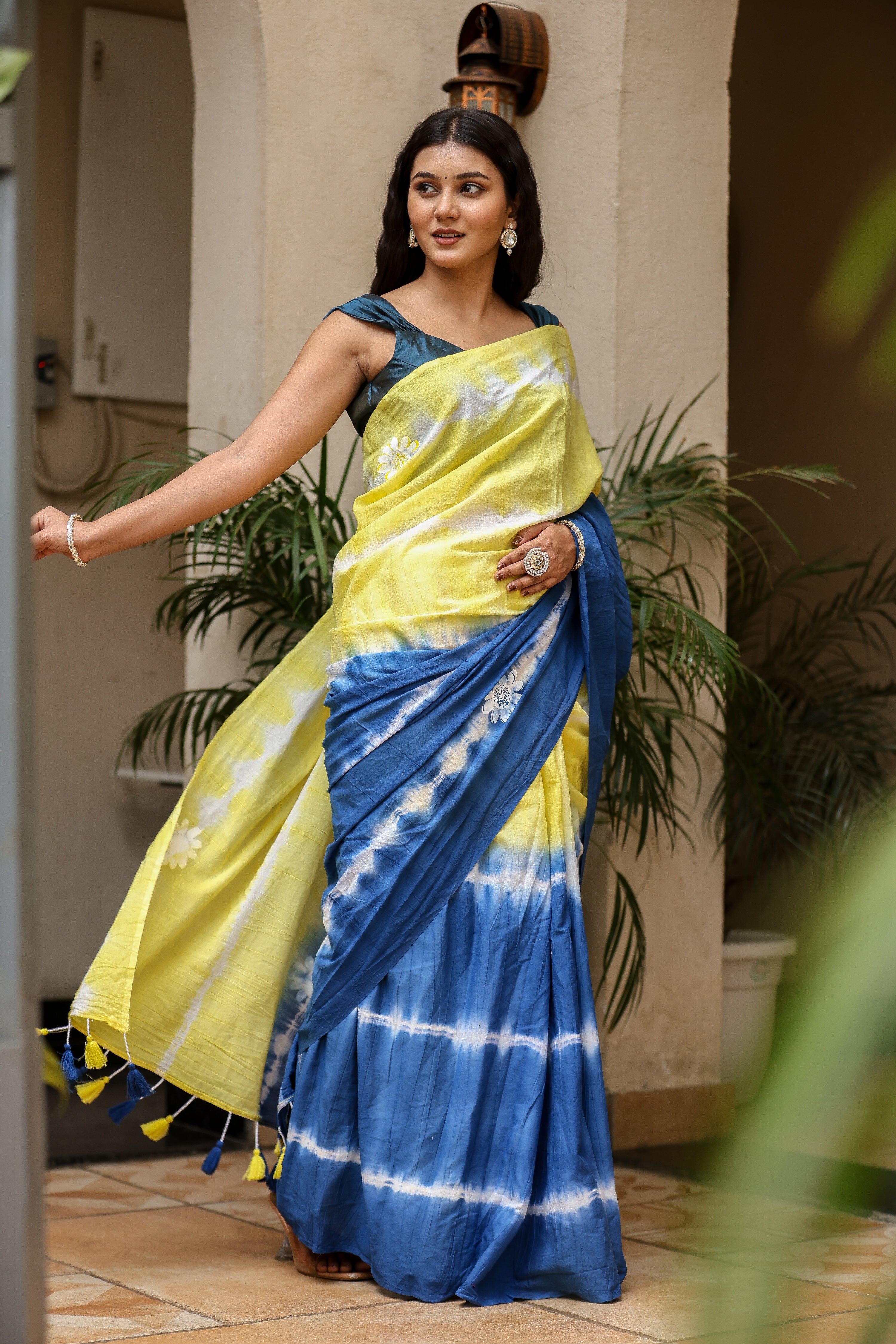 Indigo Sunrise (Handpainted Blue Yellow Malmal Saree)