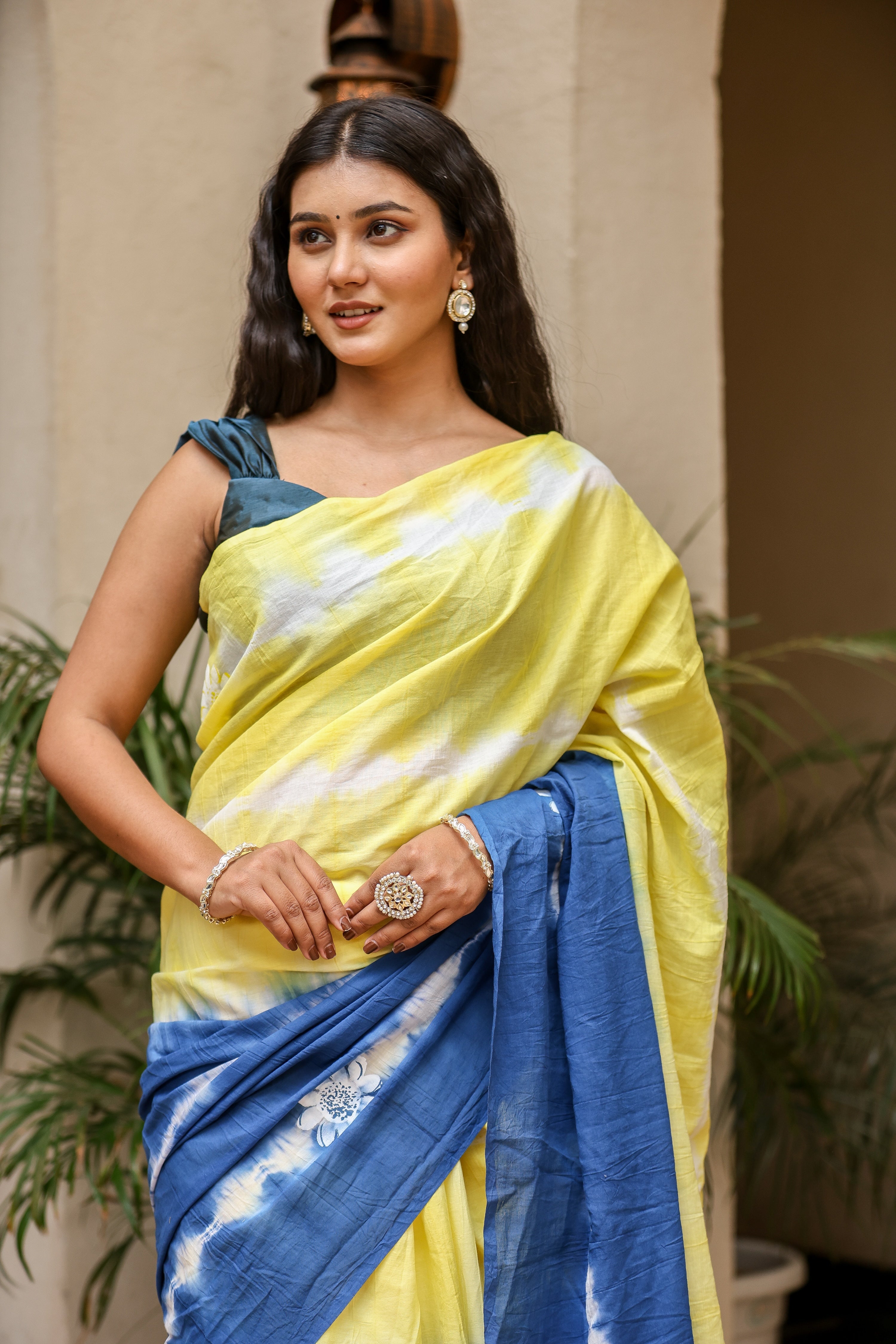 Indigo Sunrise (Handpainted Blue Yellow Malmal Saree)