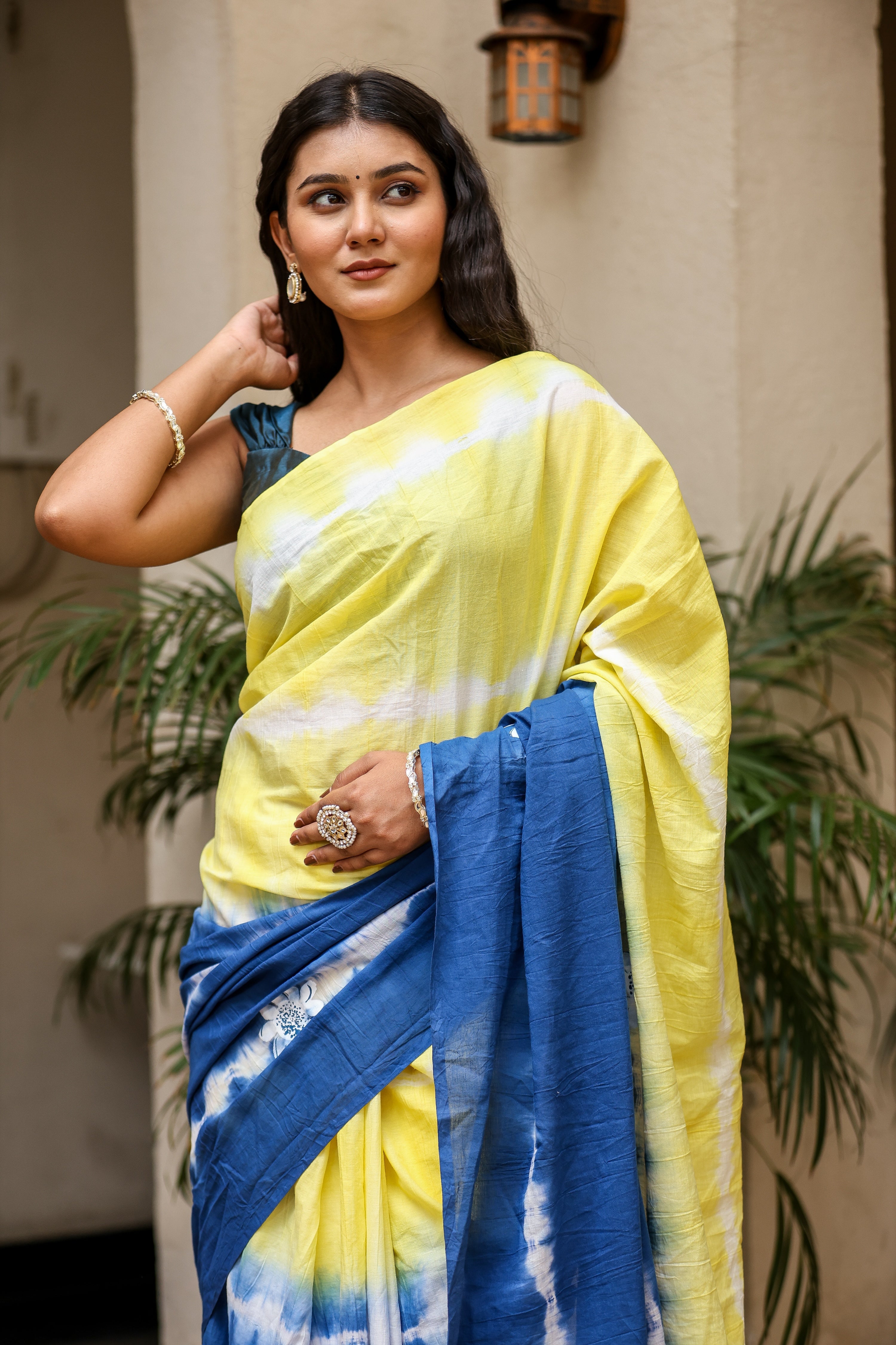 Indigo Sunrise (Handpainted Blue Yellow Malmal Saree)