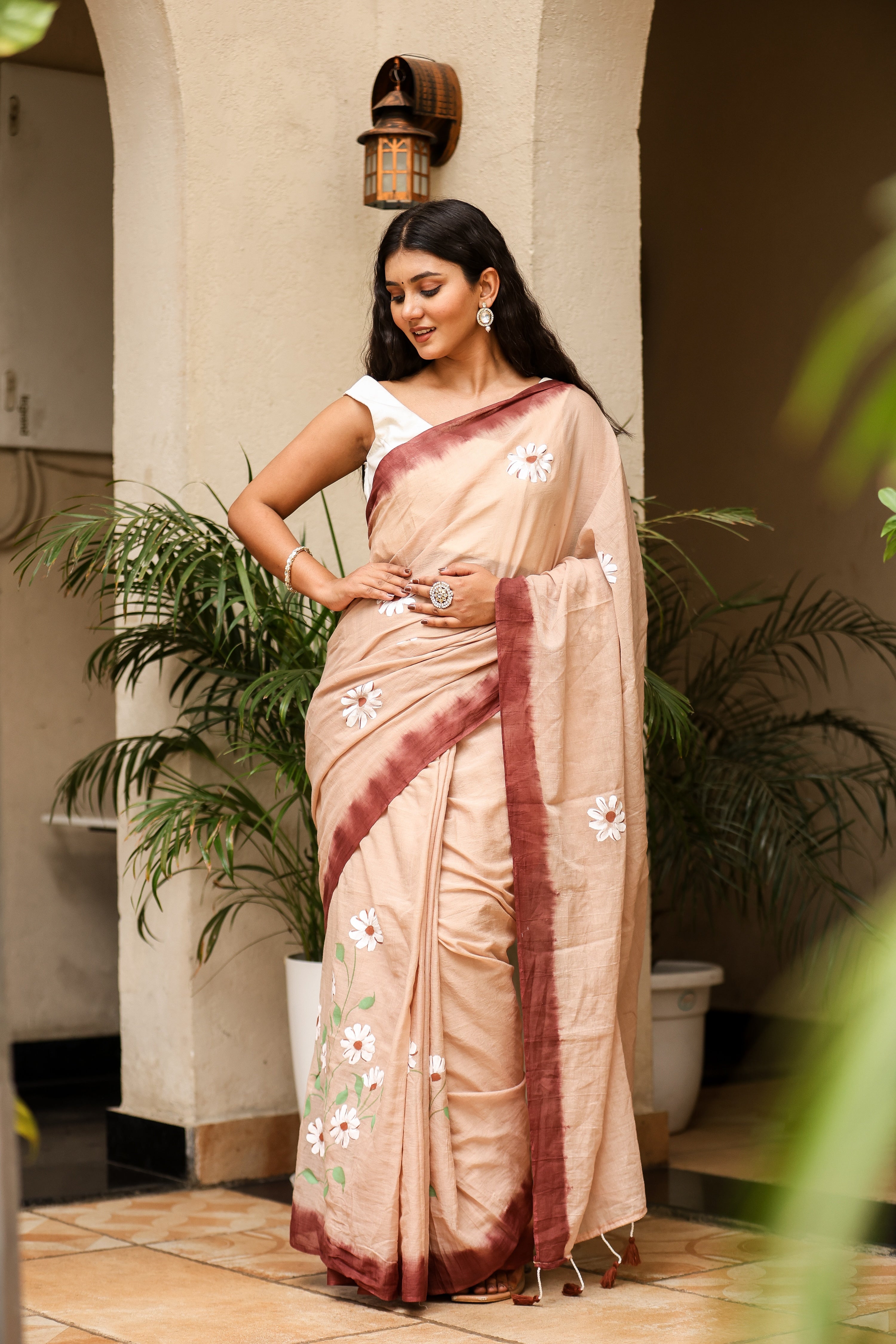 Rosewood Dusk (Handpainted Brown Malmal Saree)