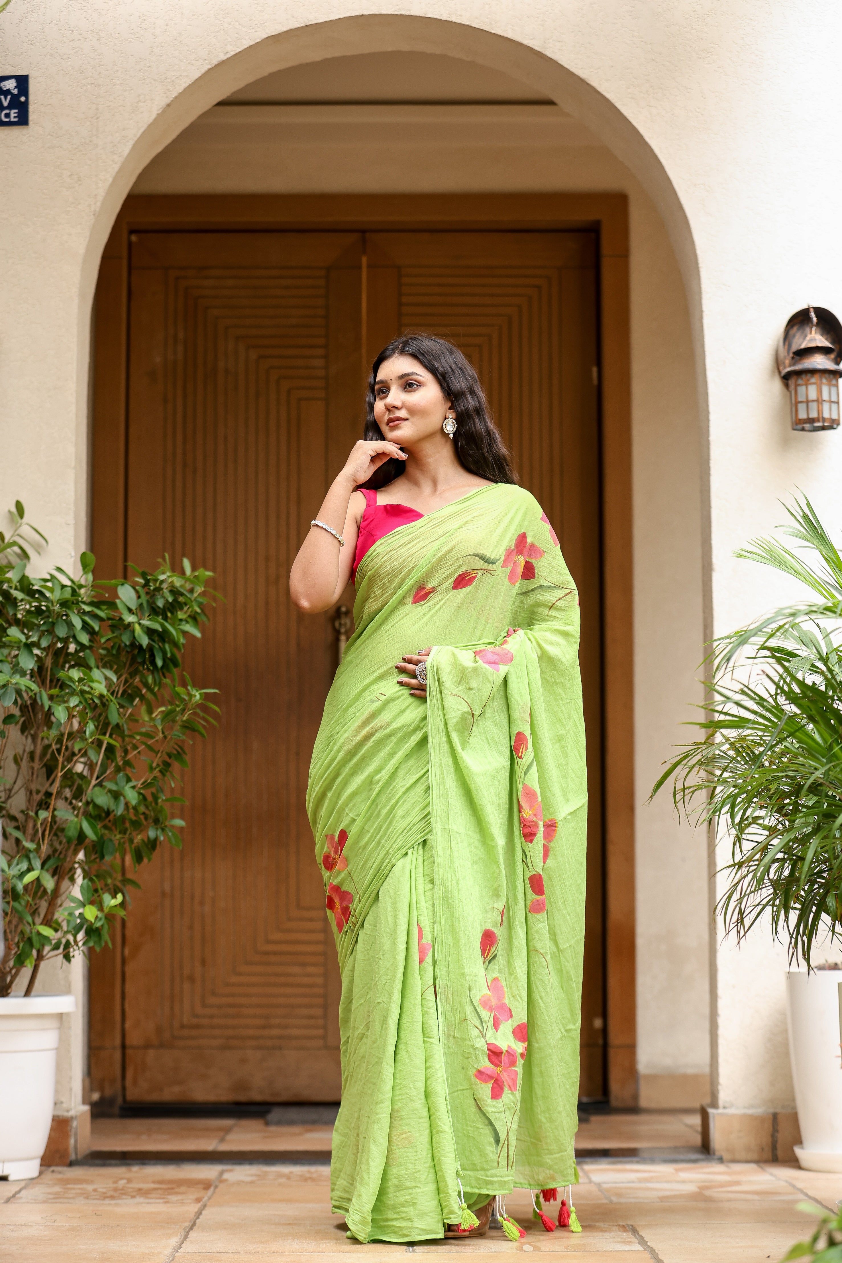 Lime Bloom (Handpainted Green Malmal Saree)