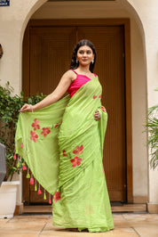 Lime Bloom (Handpainted Green Malmal Saree)