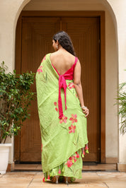 Lime Bloom (Handpainted Green Malmal Saree)