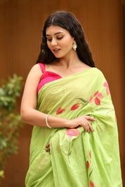 Lime Bloom (Handpainted Green Malmal Saree)