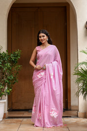 Lotus Blush (Handpainted Pink Malmal Saree)