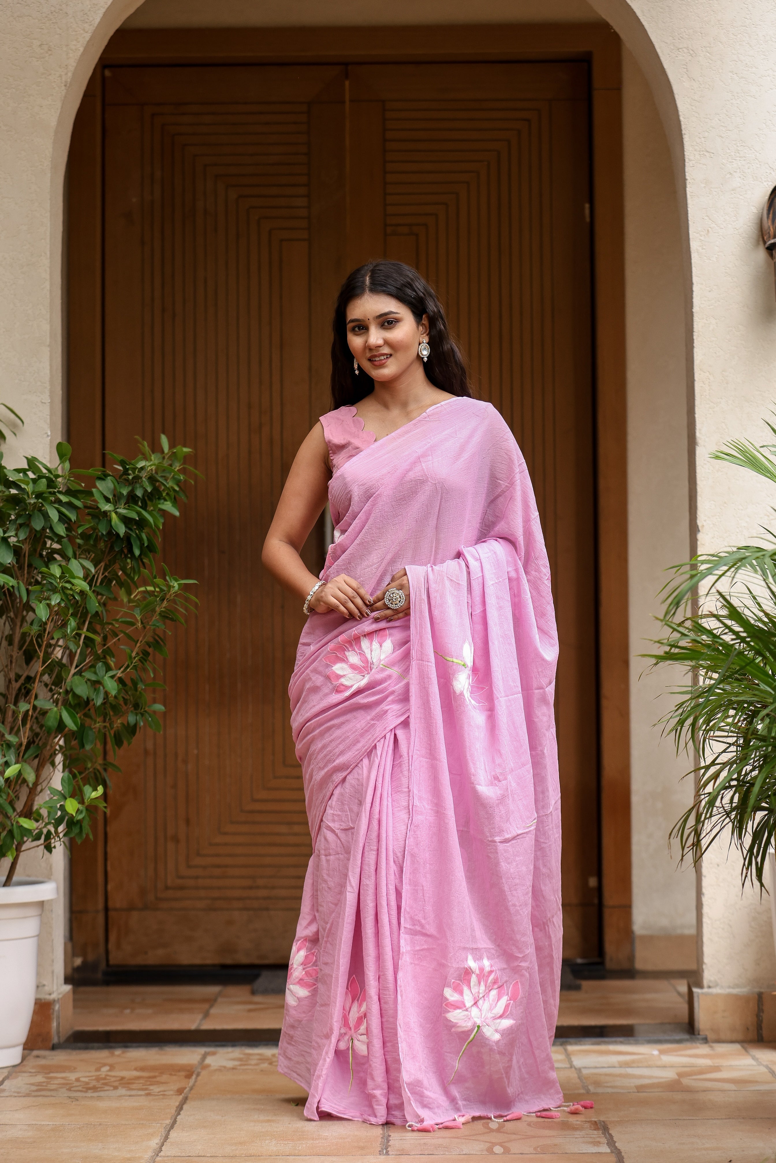 Lotus Blush (Handpainted Pink Malmal Saree)
