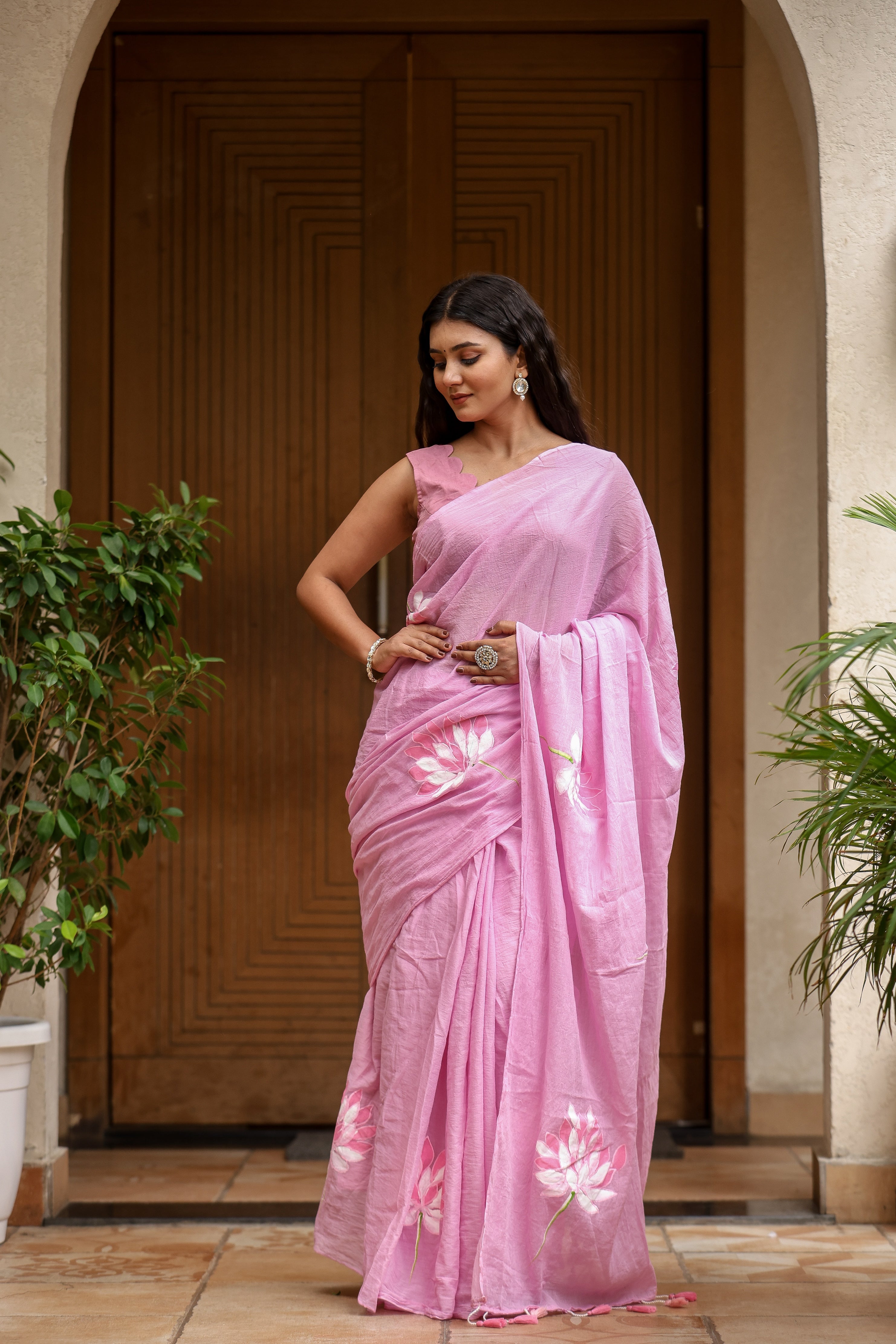 Lotus Blush (Handpainted Pink Malmal Saree)