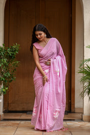 Lotus Blush (Handpainted Pink Malmal Saree)