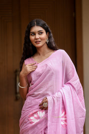 Lotus Blush (Handpainted Pink Malmal Saree)