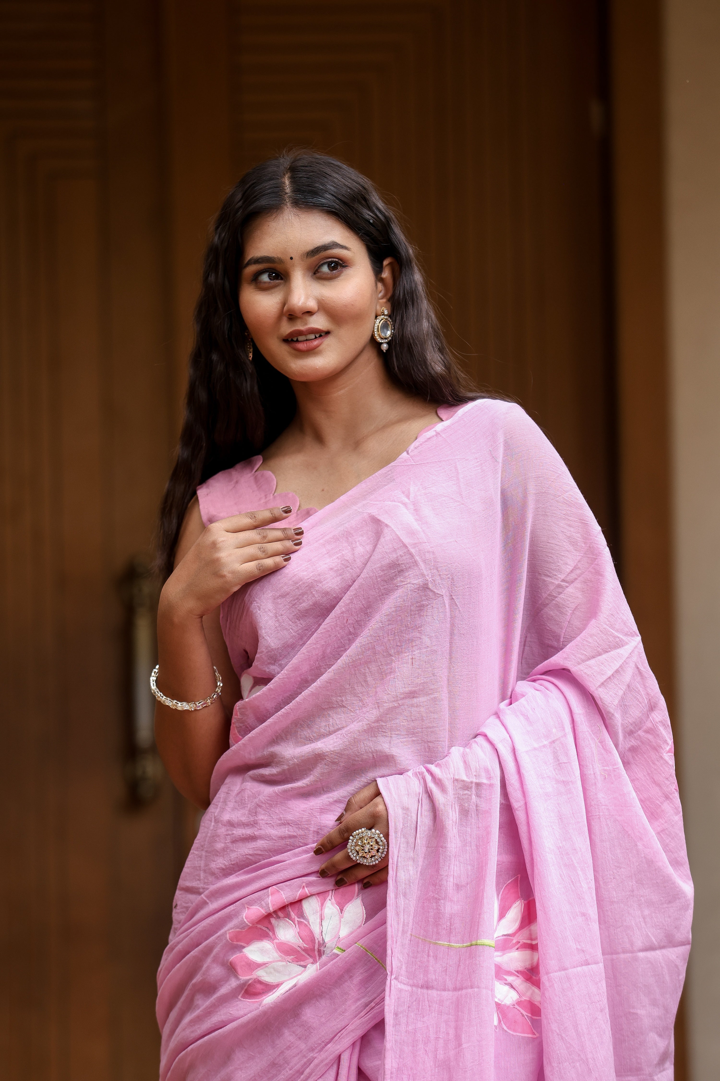 Lotus Blush (Handpainted Pink Malmal Saree)