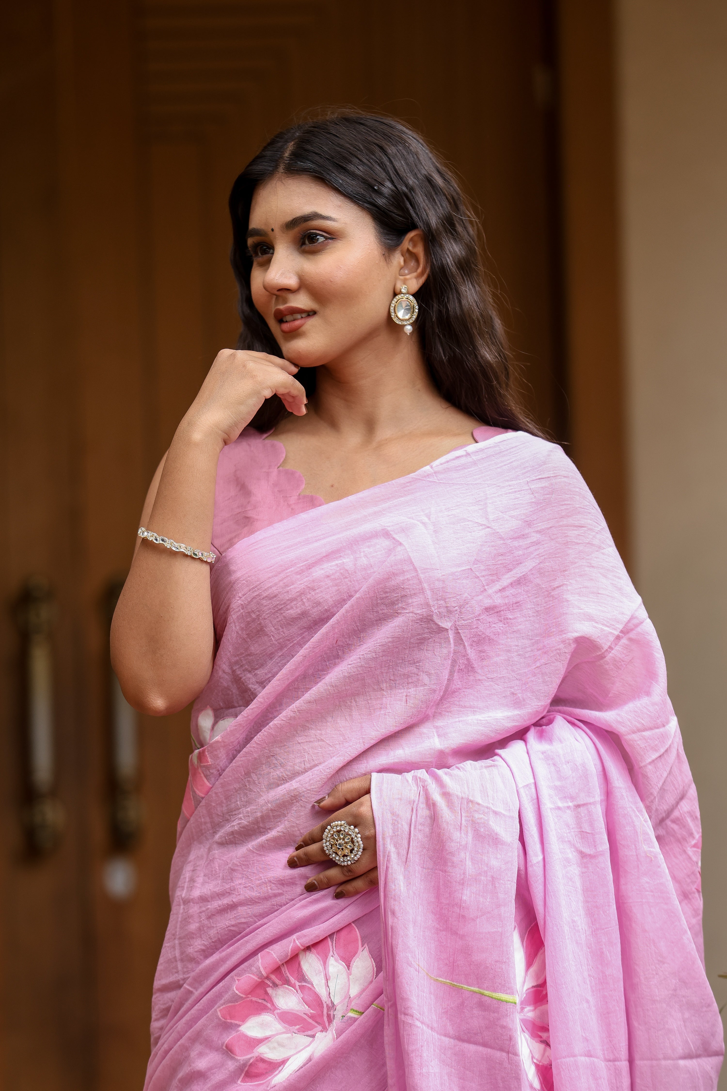 Lotus Blush (Handpainted Pink Malmal Saree)