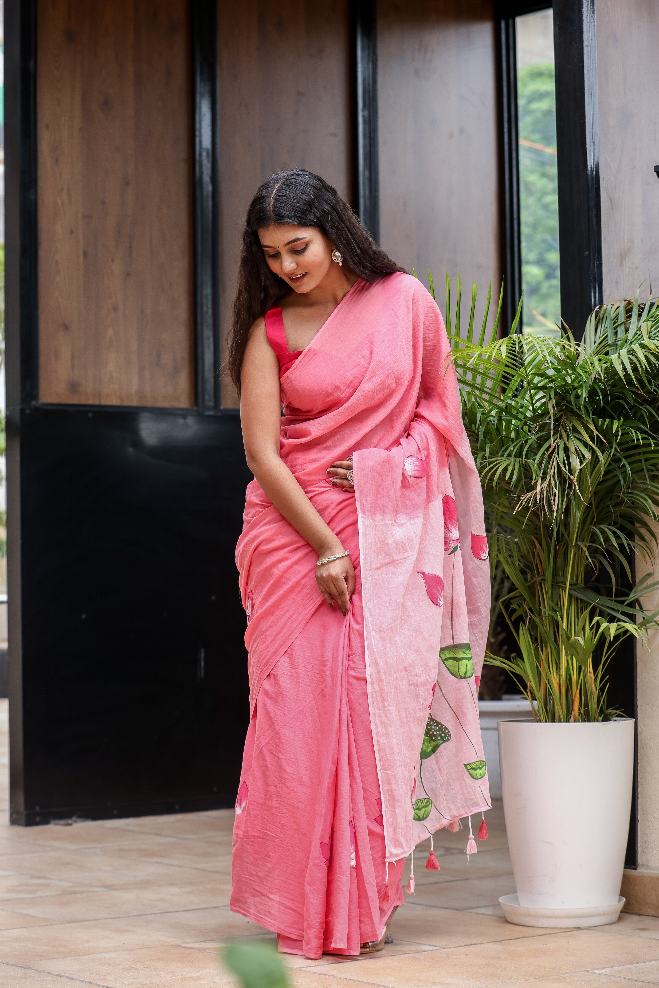 Lotus Serenade (Handpainted Pink Malmal Saree)
