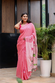 Lotus Serenade (Handpainted Pink Malmal Saree)