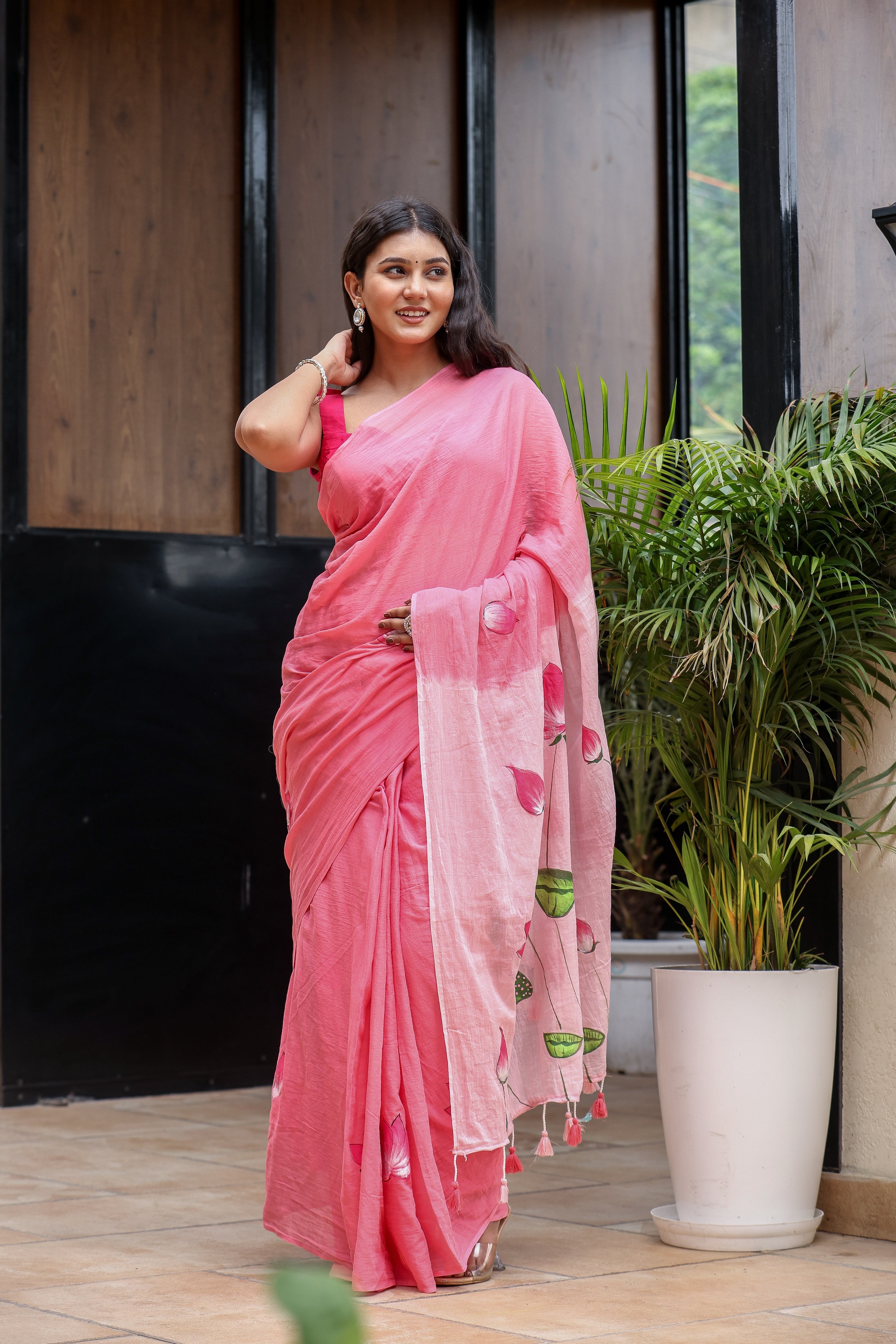 Lotus Serenade (Handpainted Pink Malmal Saree)