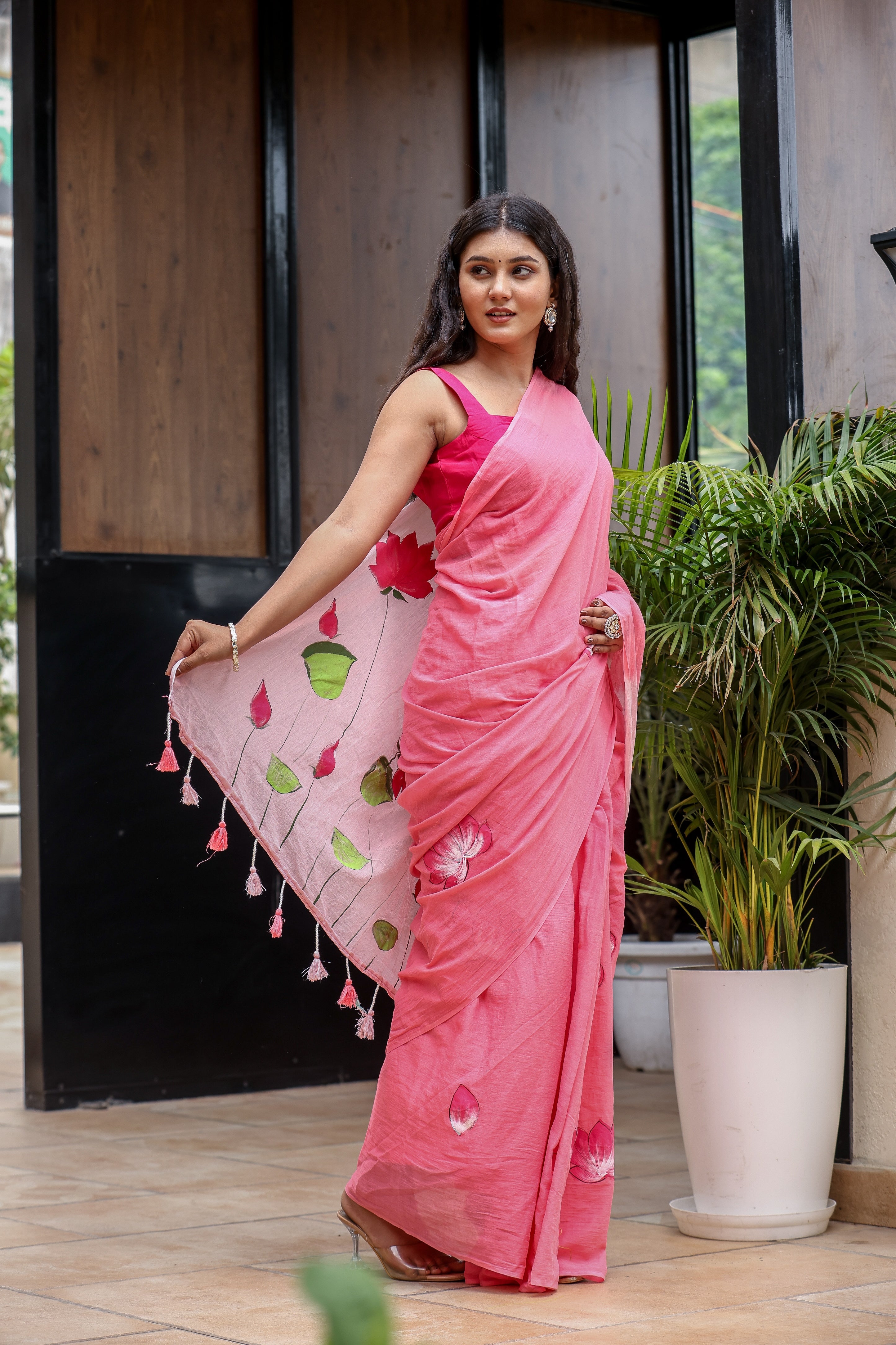Lotus Serenade (Handpainted Pink Malmal Saree)
