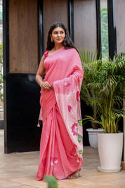 Lotus Serenade (Handpainted Pink Malmal Saree)
