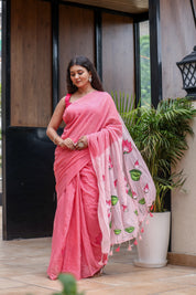 Lotus Serenade (Handpainted Pink Malmal Saree)