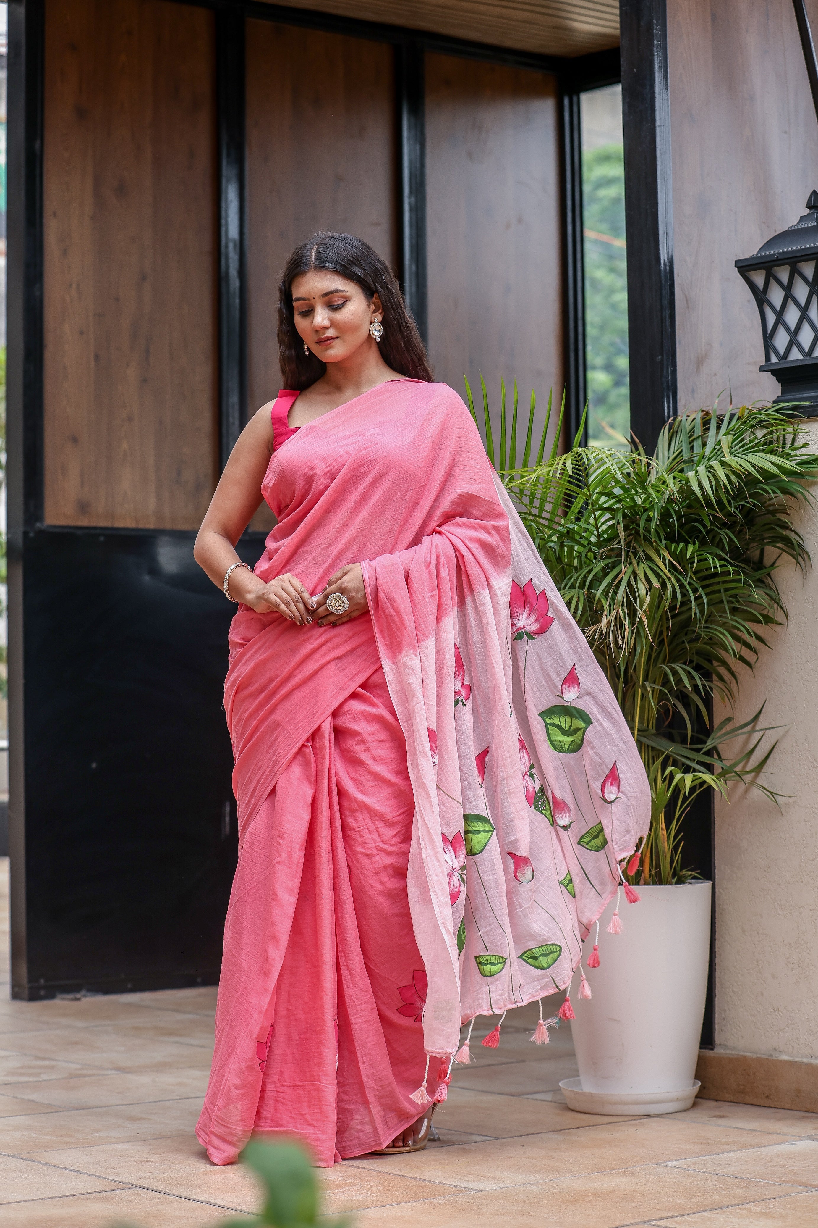Lotus Serenade (Handpainted Pink Malmal Saree)