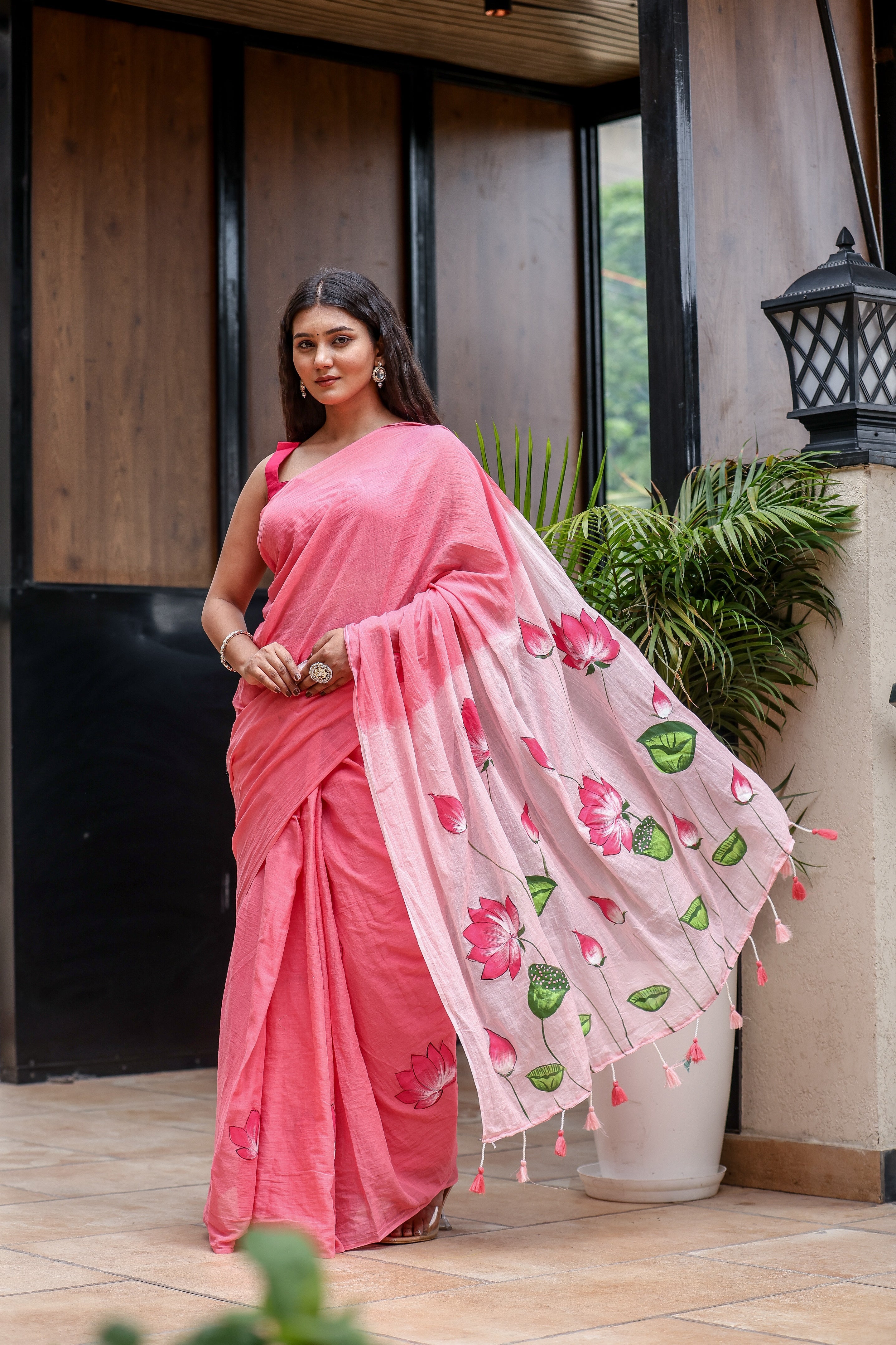 Lotus Serenade (Handpainted Pink Malmal Saree)