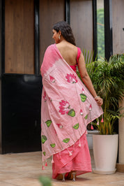 Lotus Serenade (Handpainted Pink Malmal Saree)