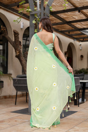 Spring Meadow (Handpainted Green Malmal Saree)