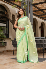 Spring Meadow (Handpainted Green Malmal Saree)